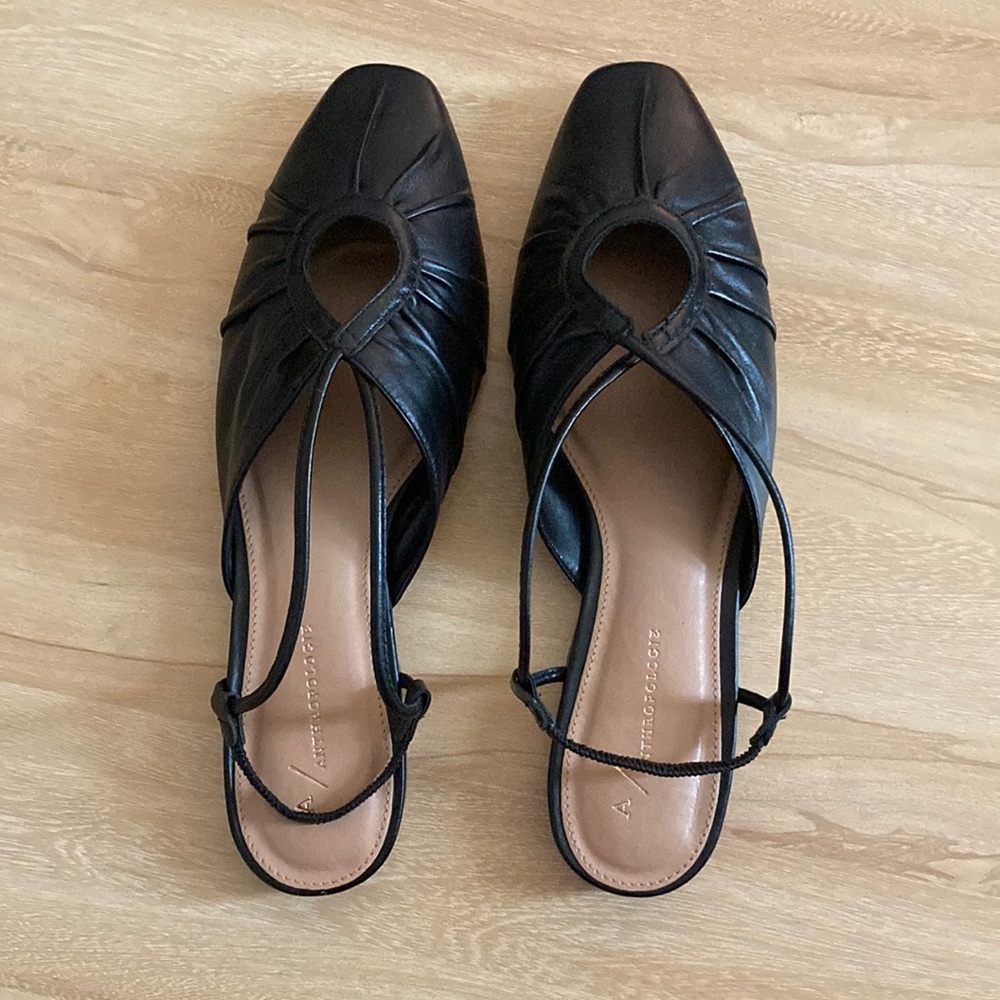 Anthropologie Black Slingback Cutout Pointy Strappy Leather Flats size 8 / 39